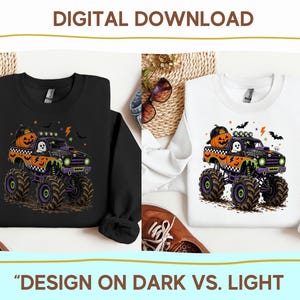 The image is a collage of two images, one with a black shirt featuring a monster truck design and the other with a white shirt featuring a similar monster truck design. The collage includes various Halloween-themed items such as a pumpkin, bats, and a pair of shoes. The text "DIGITAL DOWNLOAD" is displayed at the top, and the phrase "DESIGN ON DARK VS. LIGHT" is at the bottom.
