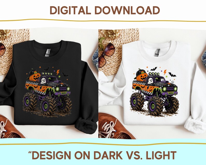 The image is a collage of two images, one with a black shirt featuring a monster truck design and the other with a white shirt featuring a similar monster truck design. The collage includes various Halloween-themed items such as a pumpkin, bats, and a pair of shoes. The text "DIGITAL DOWNLOAD" is displayed at the top, and the phrase "DESIGN ON DARK VS. LIGHT" is at the bottom.