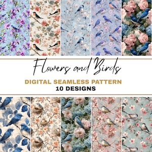 Akvarell fågel PNG sömlös bunt, mönstertryck, Cottagecore oljemålning, Bluebird vårblommor, Cottagecore konst, Farmhouse Shabby Chic