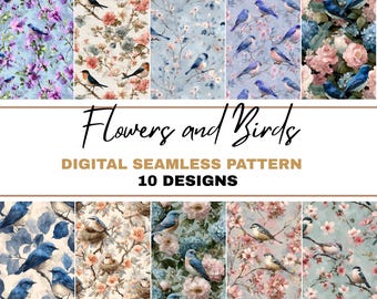 Aquarelle oiseau PNG sans couture Bundle, motif imprimé, cottagecore peint à l'huile, Bluebird floral printanier, art cottagecore, ferme shabby chic
