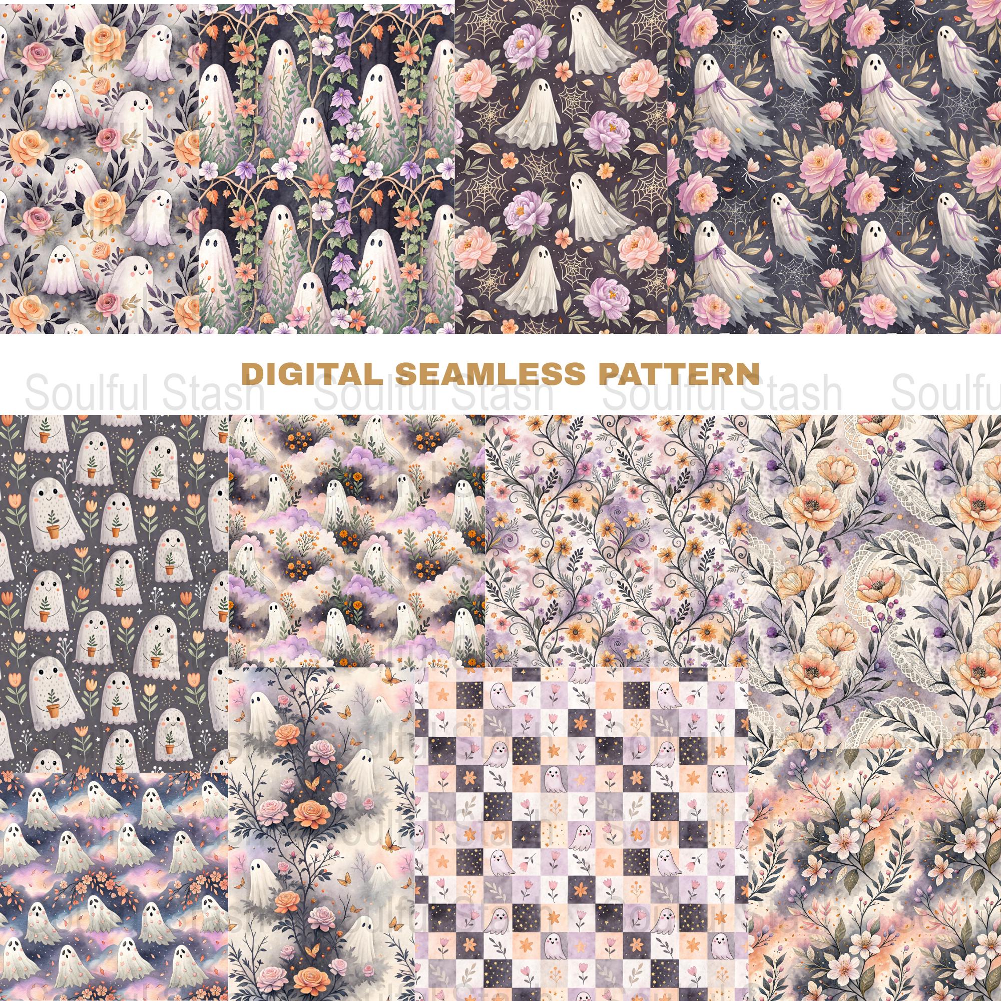 Floral Ghost PNG Seamless Bundle, Halloween Pattern Print, Spooky ...