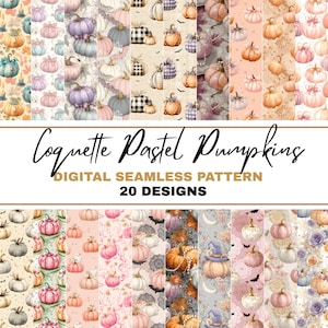 May include: A digital seamless pattern featuring 20 designs with pastel pumpkins in various colors and styles. The text "Coquette Pastel Pumpkins" and "Digital Seamless Pattern" are displayed. The patterns include pumpkins with floral and plaid accents.