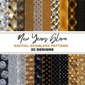 以下が含まれることがあります： 「New Years Glam」と題された、20のデザインのデジタルシームレスパターンコレクション。パターンは、金色のグリッター、幾何学的な形、ダイヤモンドのようなパターンなど、さまざまなテクスチャと色を特徴としています。全体的なテーマは、お祝いと豪華さです。