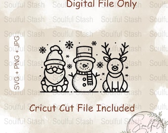Christmas Line Art, Santa Snowman Reindeer Illustration, Holiday Digital Print, SVG PNG Sublimation Design, Cricut Cut File Download