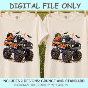 two white t-shirts with a graphic design of a monster truck with a pumpkin and ghost on the front.