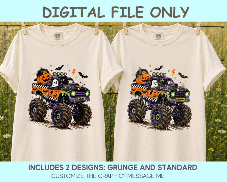 two white t-shirts with a graphic design of a monster truck with a pumpkin and ghost on the front.
