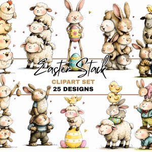 Può includere: Set di clipart ad acquerello con disegni a tema pasquale. L'immagine mostra varie pile di coniglietti, pulcini e pecore. È visibile anche il testo "Easter Stack" e "Clipart Set 25 Designs". Le illustrazioni sono in morbidi colori pastello.