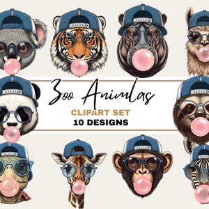 May include: A digital clipart set featuring ten zoo animals, each wearing a blue baseball cap and glasses, blowing a pink bubblegum bubble. The text "Zoo Animals" and "Clipart Set 10 Designs" is also included.
