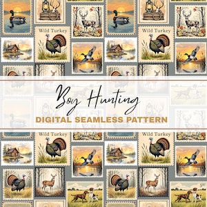 May include: A digital seamless pattern featuring vintage-style postage stamps with hunting and wildlife themes. Stamps depict ducks, deer, wild turkeys, cabins, and hunting dogs. The text "Boy Hunting" and "Wild Turkey" are visible.