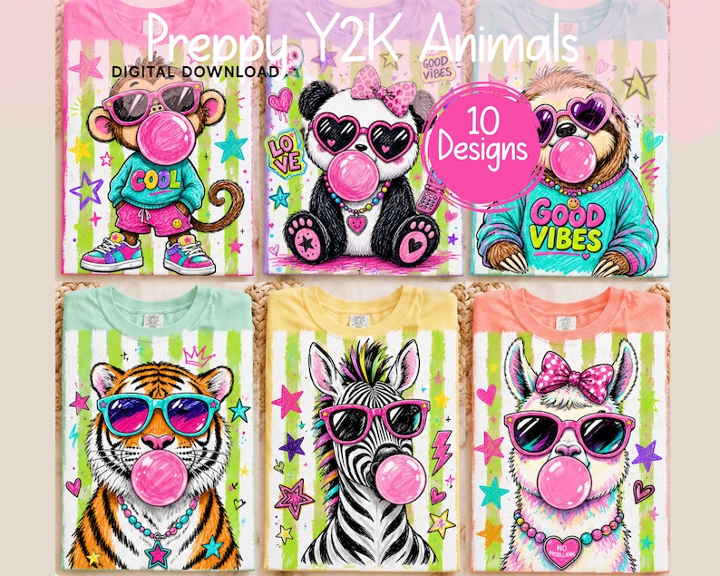 The image is a collage of six colorful t-shirts featuring cartoon animal characters, including a tiger, a zebra, a panda, a sloth, a monkey, and a llama, all blowing bubbles and wearing sunglasses.