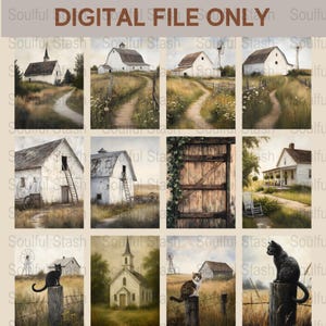 Rustic Country Cottage Digital Art Prints, Farmhouse Decor, Vintage Rural Landscapes, Set of 12 Images