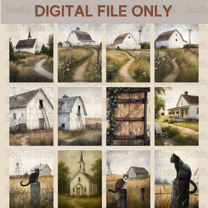 Rustic Country Cottage Digital Art Prints, Farmhouse Decor, Vintage Rural Landscapes, Set of 12 Images