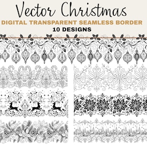 Puede incluir: Una colección digital de 10 bordes navideños sin costuras con ilustraciones vectoriales en blanco y negro de adornos colgantes, bastones de caramelo, renos, flores de pascua, piñas y escenas de pueblos invernales con el texto Vector Christmas.