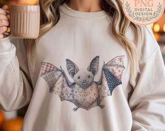 Quilted Bat PNG, TShirt Design, Shirt Graphic, Sublimation Design, Digital Download,Floral Patchwork png, Fall Girly png, Autumn pngFall