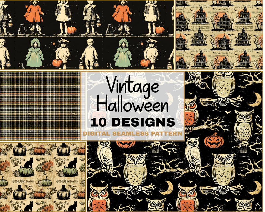 Vintage Halloween Seamless Pattern Bundle Retro Spooky Papers Digital ...