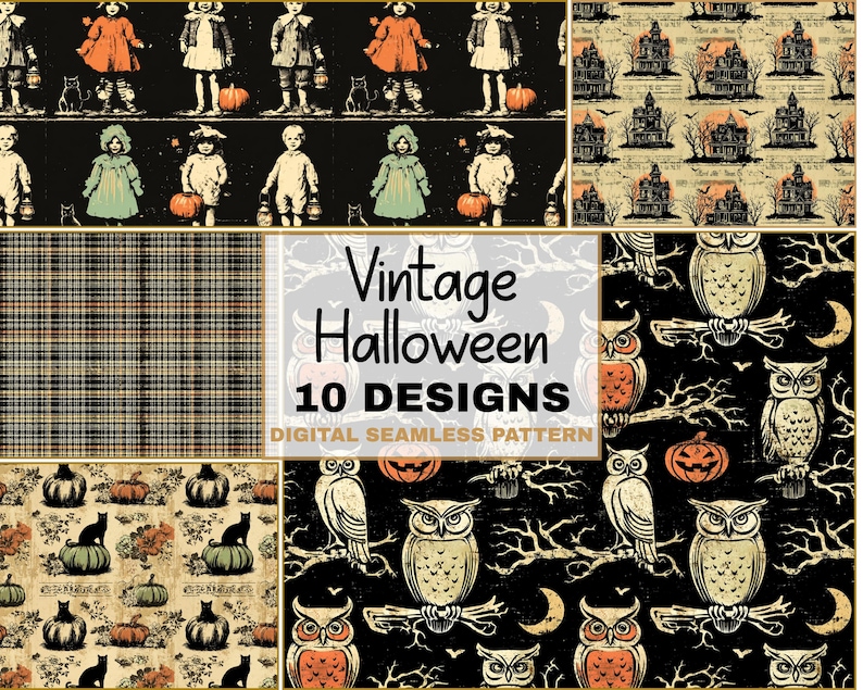 Vintage Halloween Seamless Pattern Bundle Retro Spooky Papers Digital ...