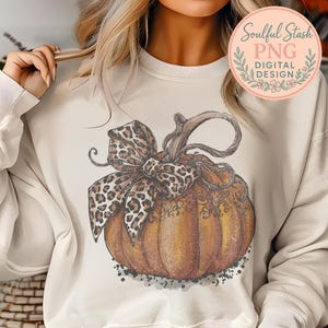 Autumn Fall Pumpkin Art with Leopard Print Bow Printable Digital Download, Vintage Pumpkin Illustration for Sublimation Projects