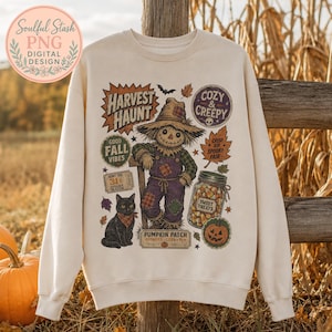 Harvest Haunt Scarecrow PNG, Vintage Fall Shirt Graphic, Pumpkin Patch Sublimation Design, Cozy Creepy Autumn Halloween, Digital Download