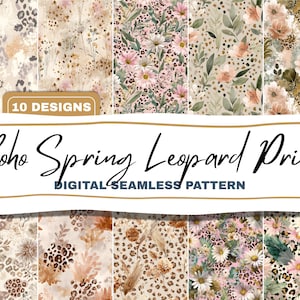May include: Ten digital seamless patterns with a boho spring leopard print theme. The patterns feature floral and leopard print designs in soft, muted colours, including beige, pink, and green. The text "Boho Spring Leopard Print" is displayed.