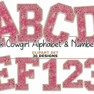 Könnte beinhalten: Rosa Buchstaben und Zahlen mit einem Paisley-Muster, umrandet von einem beigen Rand. Der Text "Pink Cowgirl Alphabet & Numbers" wird in Schwarz zusammen mit "CLIPART SET 36 DESIGNS" angezeigt.