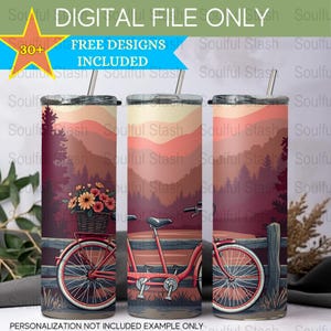 Puede incluir: Un diseño digital para un vaso de 20 onzas con un diseño de una bicicleta tándem roja con una cesta de flores delante de un paisaje de montaña con un cielo de puesta de sol. El diseño es perfecto para la impresión por sublimación.