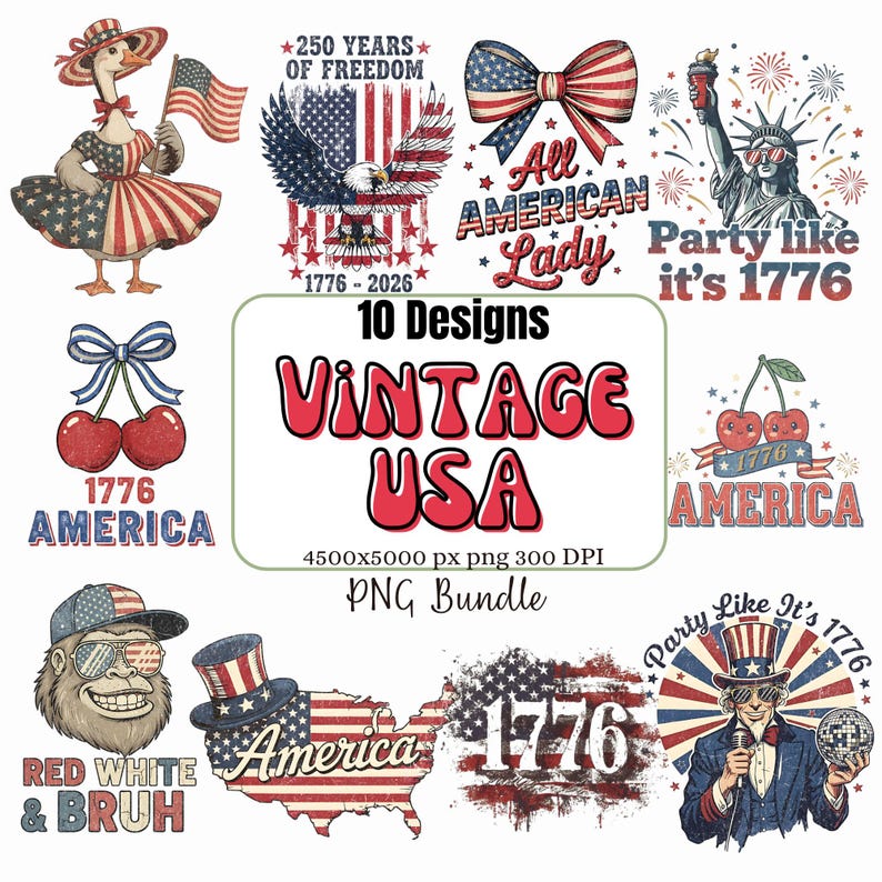 Vintage Patriotic Graphic Bundle: 1776 America, Liberty, Eagle (digital ...