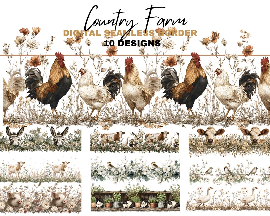 Rustic Huntingborder Country Farm Seamless Border Bundle Vintage Rustic Farmhouse Animals ...