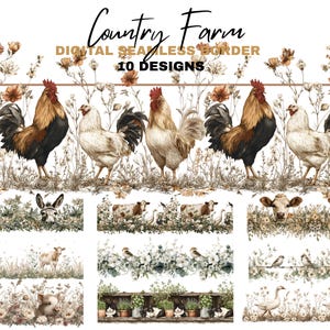 May include: Digital seamless border design featuring watercolor illustrations of roosters, hens, donkeys, cows, pigs, birds, and geese. The text "Country Farm" and "10 Designs" are displayed in the image. The design has a rustic, farmhouse aesthetic.