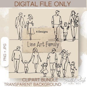 Może przedstawiać: Zestaw czterech ilustracji rodzin w stylu line art. Każda ilustracja przedstawia rodzinę składającą się z trzech lub czterech osób, z rodzicami i dziećmi trzymającymi się za ręce. Ilustracje są w czerni i bieli i mają prosty, minimalistyczny styl. Tekst "Line Art Family" i "4 Designs" jest zawarty w obrazie.