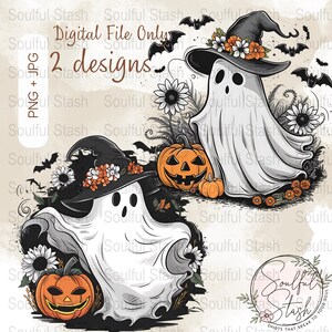 May include: Two digital illustrations of ghosts wearing witch hats with flowers. The ghosts are white and have a friendly expression. Each ghost is standing next to a jack-o-lantern pumpkin. The background is a light brown watercolor wash with bats and flowers.