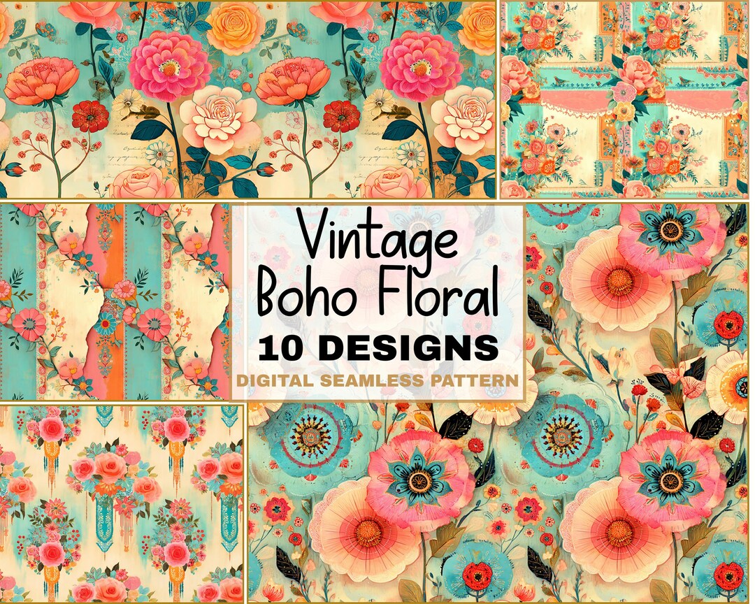 Vintage Boho Floral Seamless Pattern Bundle Soft Retro Cottagecore ...