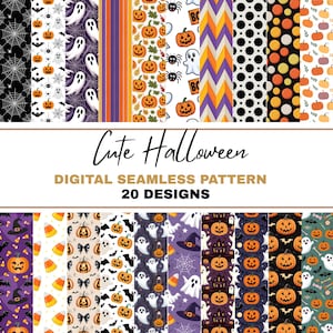 May include: A selection of 20 digital seamless patterns with a Halloween theme. The patterns feature pumpkins, ghosts, spiders, and other spooky elements in various colours and designs. The text "Cute Halloween" and "Digital Seamless Pattern" are also visible.
