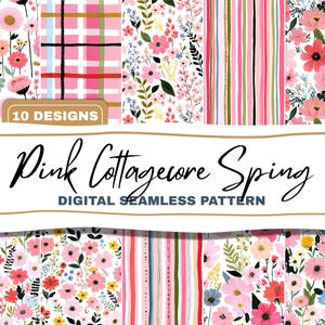Könnte beinhalten: Ein digitales nahtloses Muster mit zehn Designs zum Thema Pink Cottagecore Spring. Die Muster umfassen florale, karierte und gestreifte Designs in Rosa, Rot und Grün. Der Text "Pink Cottagecore Spring" und "Digital Seamless Pattern" werden angezeigt.