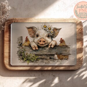 May include: Watercolor illustration of a pig wearing a daisy crown, peeking over a wooden fence with two chickens. The image is on a wooden tray with the text "Soulful Stash PNG DIGITAL DESIGN".