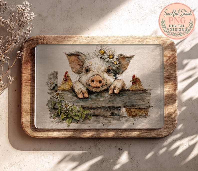 May include: Watercolor illustration of a pig wearing a daisy crown, peeking over a wooden fence with two chickens. The image is on a wooden tray with the text "Soulful Stash PNG DIGITAL DESIGN".