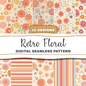 Retro Flowers PNG Seamless Bundle , Pattern Print, Floral Print, Groovy 70's Seamless, Flowered Seamless Pattern, Vintage Flower