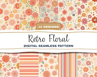 Retro Flowers PNG Seamless Bundle , Pattern Print, Floral Print, Groovy 70's Seamless, Flowered Seamless Pattern, Vintage Flower