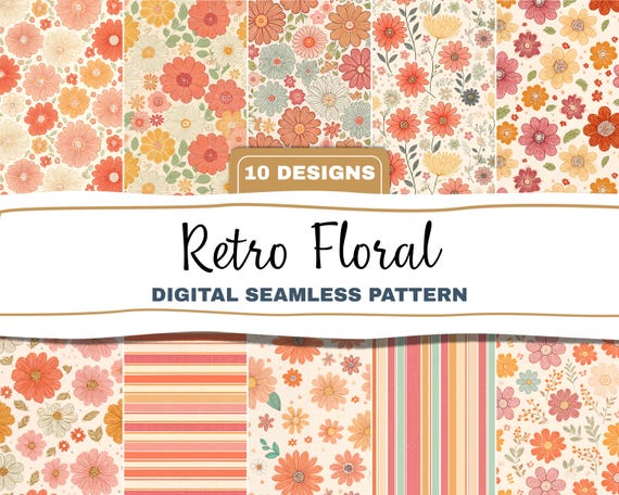 Retro Flowers PNG Seamless Bundle , Pattern Print, Floral Print, Groovy 70's Seamless, Flowered Seamless Pattern, Vintage Flower
