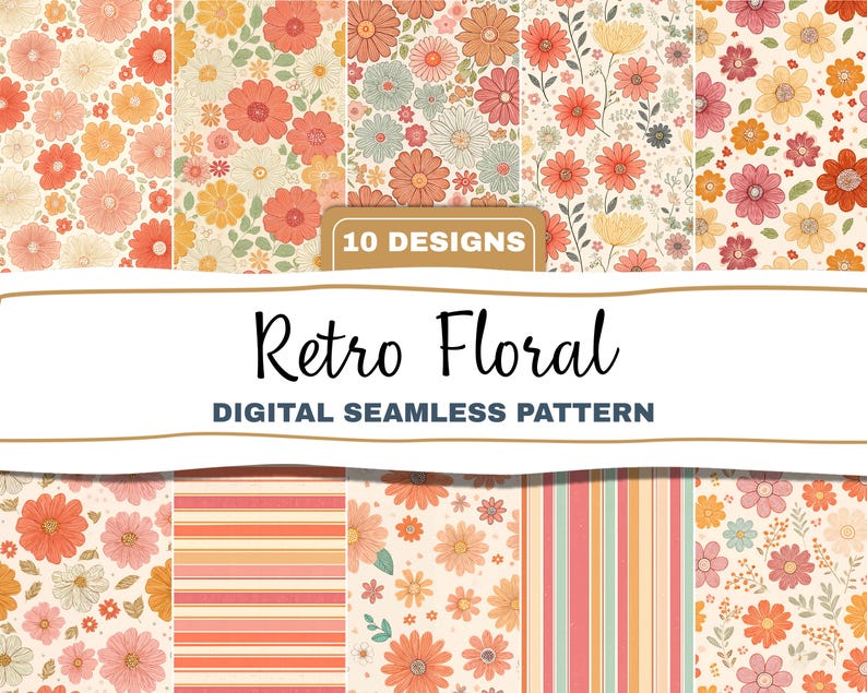 Retro Flowers PNG Seamless Bundle , Pattern Print, Floral Print, Groovy 70's Seamless, Flowered Seamless Pattern, Vintage Flower image 1