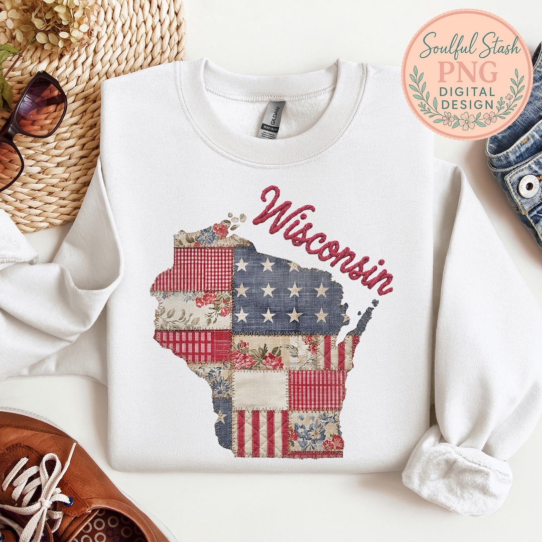 State Patchwork Vintage Faux Quilted Wisconsin State Graphic Patchwork Fabric Digital ...