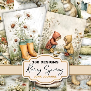 Könnte beinhalten: Eine Sammlung digitaler Kunstdrucke mit dem Thema "Regen Frühling". Die Bilder zeigen Aquarellillustrationen von Gänseblümchen, Kindern in Regenmänteln, Gummistiefeln und einem Kaninchen. Der Text "160 Designs Rainy Spring Junk Journal" ist auf einem Banner zu sehen.