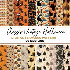 May include: A collection of 20 digital seamless patterns with a classic vintage Halloween theme. The patterns feature pumpkins, black cats, bats, witch hats, and other spooky elements in orange, black, and cream colors. The text "Classic Vintage Halloween" is displayed.