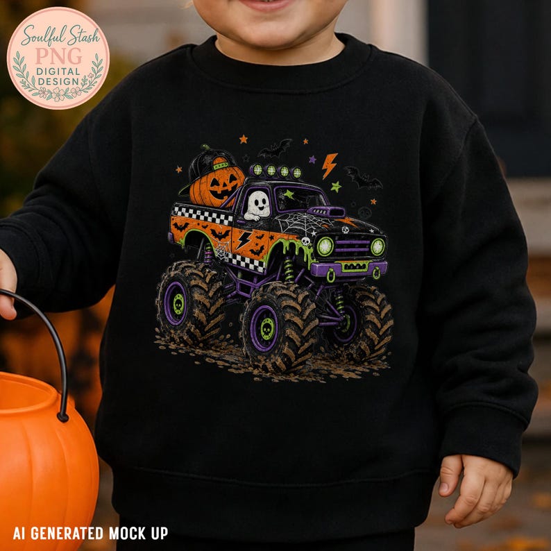 A child wearing a black sweatshirt with a Halloween-themed graphic of a monster truck.