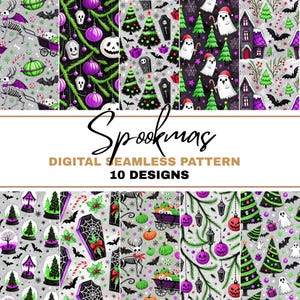以下が含まれることがあります： 10種類のユニークなSpookmasパターンを特徴とするデジタルシームレスパターンデザイン。パターンには、幽霊、クリスマスツリー、カボチャ、コウモリ、オーナメントなど、ハロウィンとクリスマスの要素が含まれています。パターンは、黒、紫、緑、グレーなど、さまざまな色で表示されます。