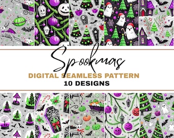May include: A digital seamless pattern design featuring ten unique Spookmas patterns. The patterns include Halloween and Christmas elements such as ghosts, Christmas trees, pumpkins, bats, and ornaments. The patterns are in various colors, including black, purple, green, and gray.