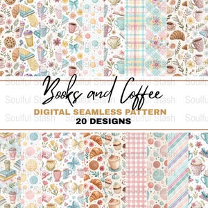 Può includere: Un pacchetto di carta digitale con 20 motivi senza cuciture che presentano libri, tazze da caffè, croissant e altre illustrazioni carine. I motivi sono in una tavolozza di colori pastello con uno sfondo bianco.