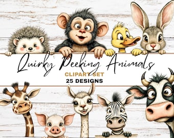 Quirky Peeking Animals Clipart Bundle Hand-Drawn Characters for Nursery Digital Download