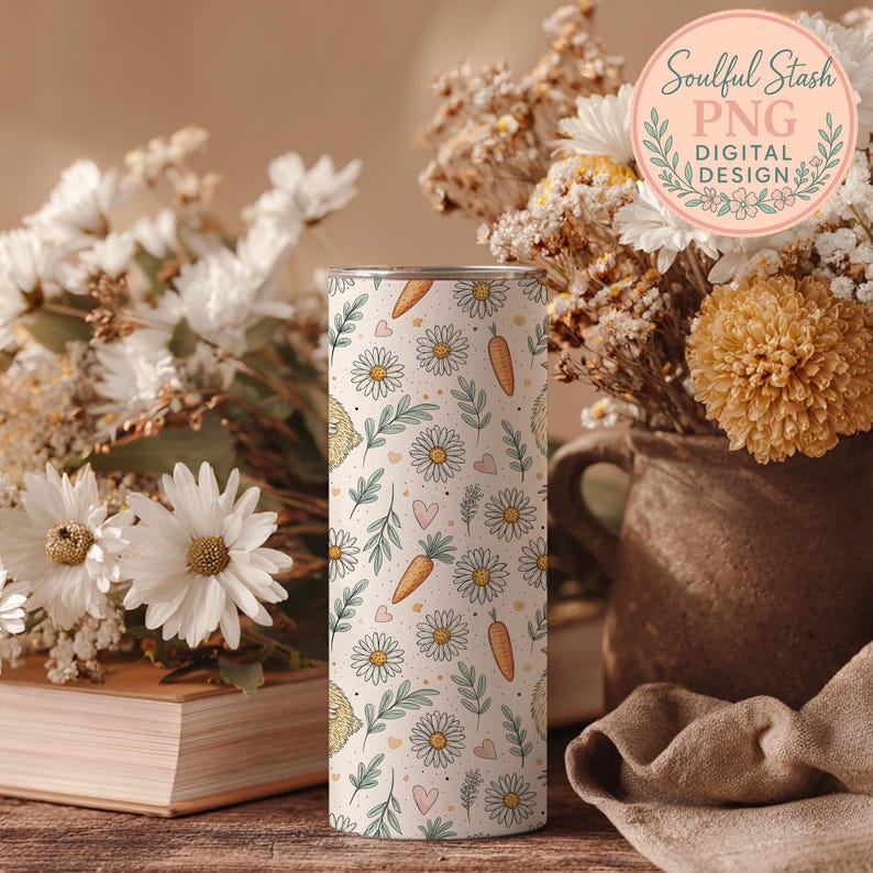 a cylindrical container with a floral pattern, surrounded by a bouquet of white and yellow flowers, a vase, and some books.