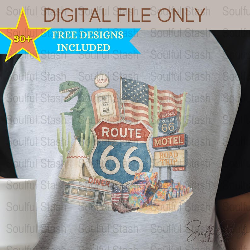 Vintage Route 66 T-Shirt Design, American Flag, Diner Motel, Digital File, Retro Road Trip Graphic, Instant Download Artwork