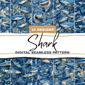 Könnte beinhalten: Digitales nahtloses Muster mit zehn Designs mit blauen Haien in einer aquatischen Umgebung. Das Wort "Shark" ist in Schreibschrift geschrieben, mit dem Text "10 Designs" darüber. Die Worte "Digital Seamless Pattern" stehen darunter.